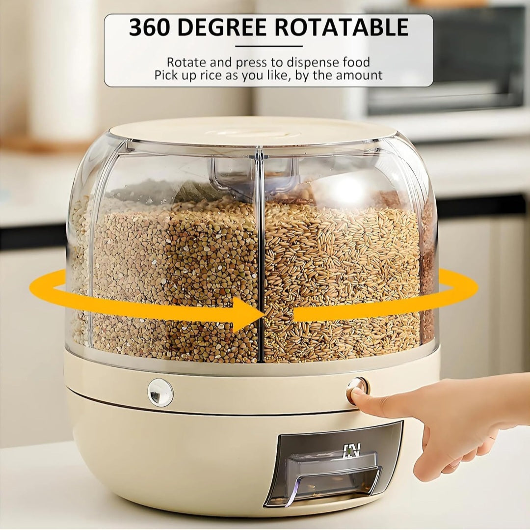6-Grid Rotating Food Dispenser - Large Capacity Rice Bucket & Cereal Storage Tank