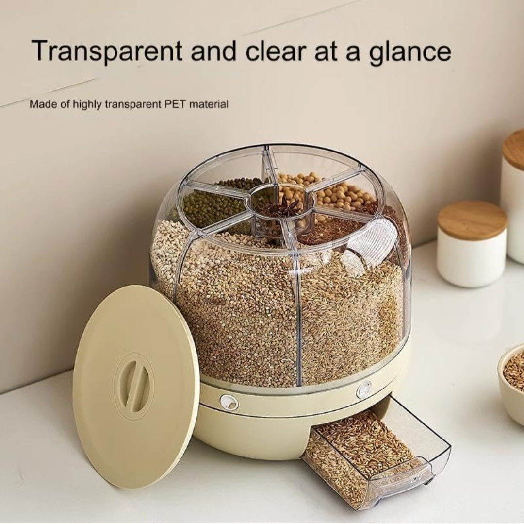 6-Grid Rotating Food Dispenser - Large Capacity Rice Bucket & Cereal Storage Tank