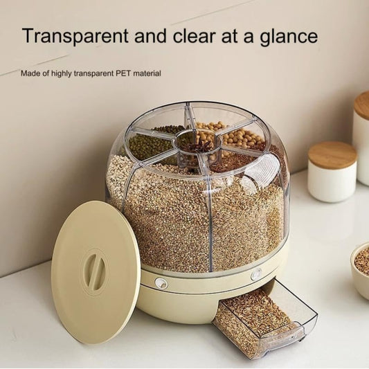 6-Grid Rotating Food Dispenser - Large Capacity Rice Bucket & Cereal Storage Tank