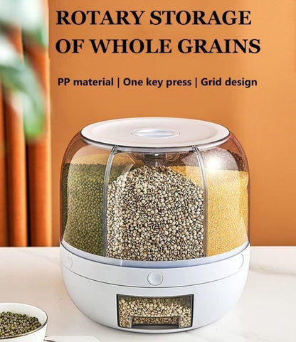 6-Grid Rotating Food Dispenser - Large Capacity Rice Bucket & Cereal Storage Tank