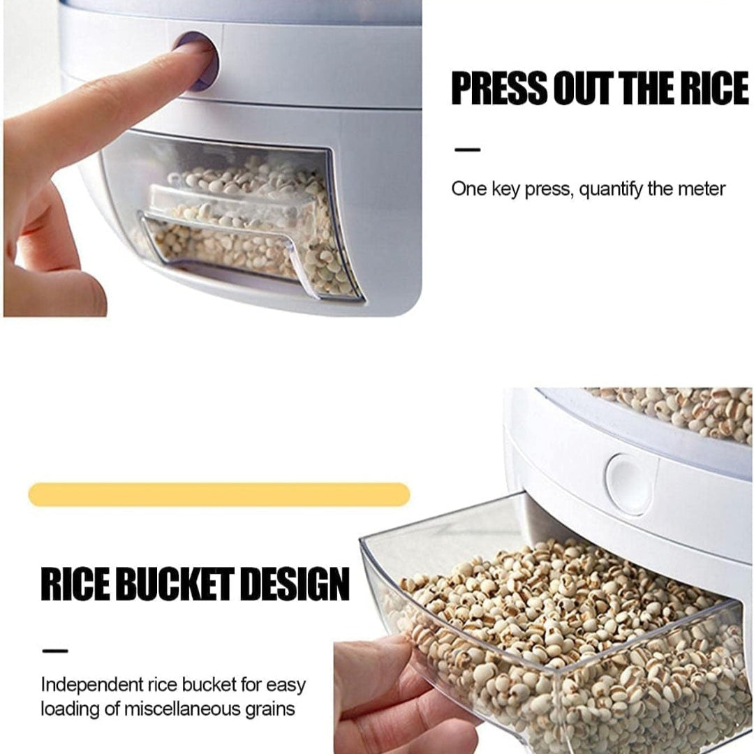 6-Grid Rotating Food Dispenser - Large Capacity Rice Bucket & Cereal Storage Tank