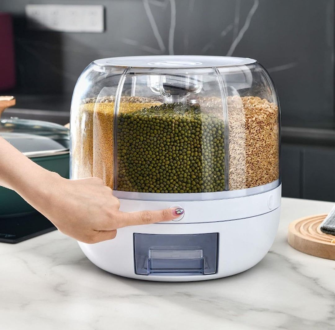 6-Grid Rotating Food Dispenser - Large Capacity Rice Bucket & Cereal Storage Tank