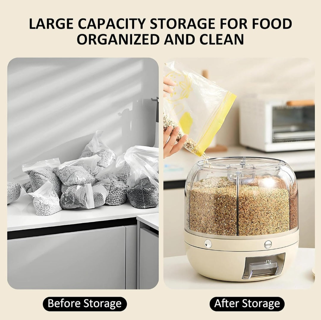 6-Grid Rotating Food Dispenser - Large Capacity Rice Bucket & Cereal Storage Tank